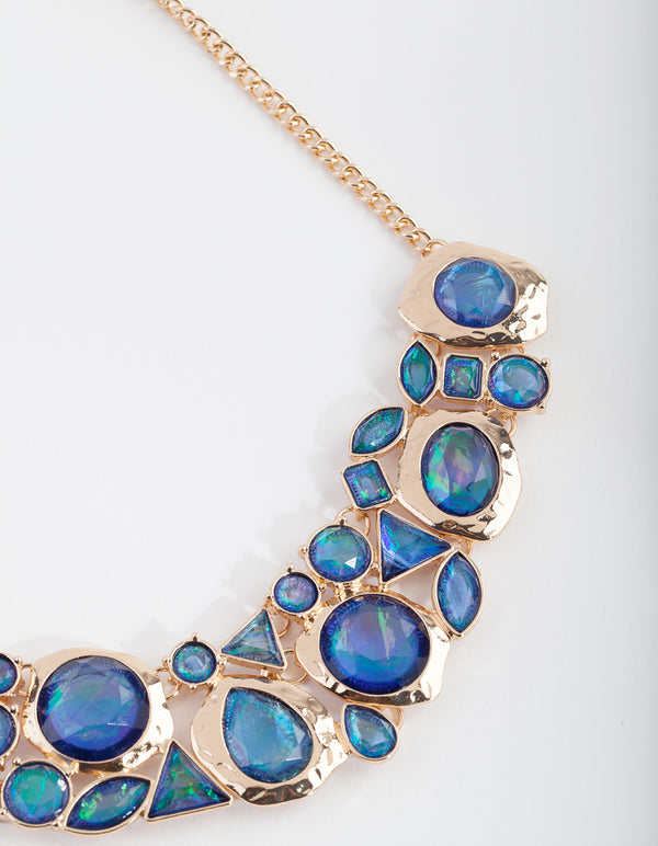 Gold Blue Green Gem Necklace