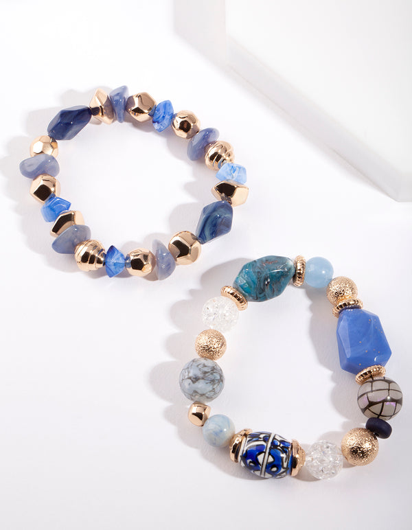 Gold Blue Bead Bracelet Pack