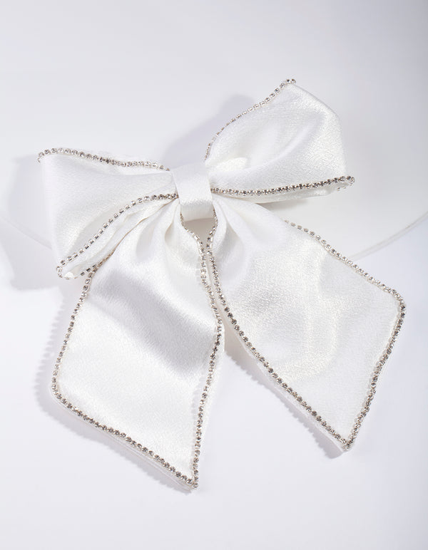 White Diamante Satin Bow Clip