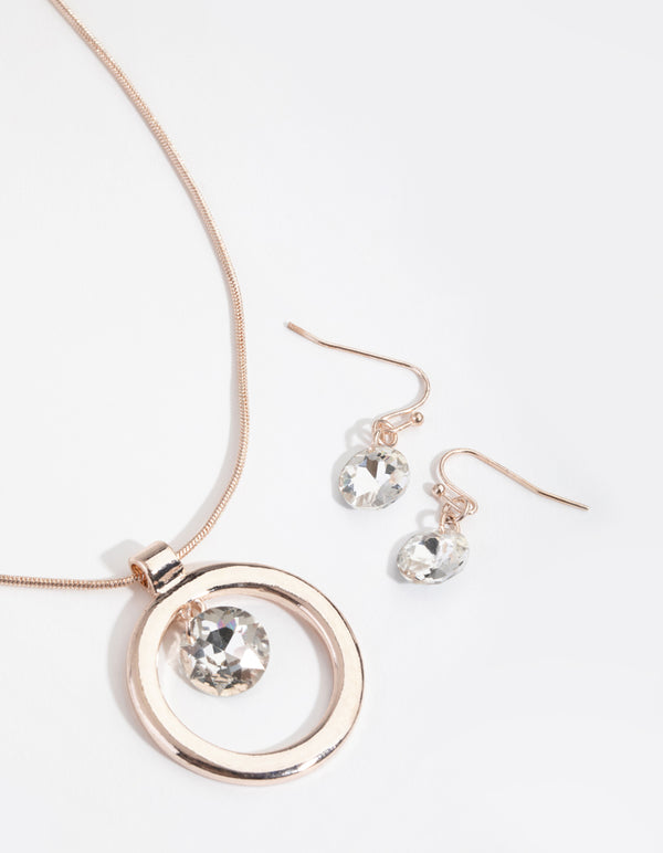 Rose Gold Open Circle Gem Necklace & Earrings