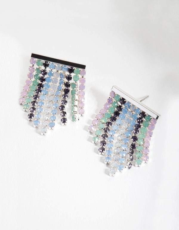 Silver Pastel Multi Diamante Drop Stud Earrings