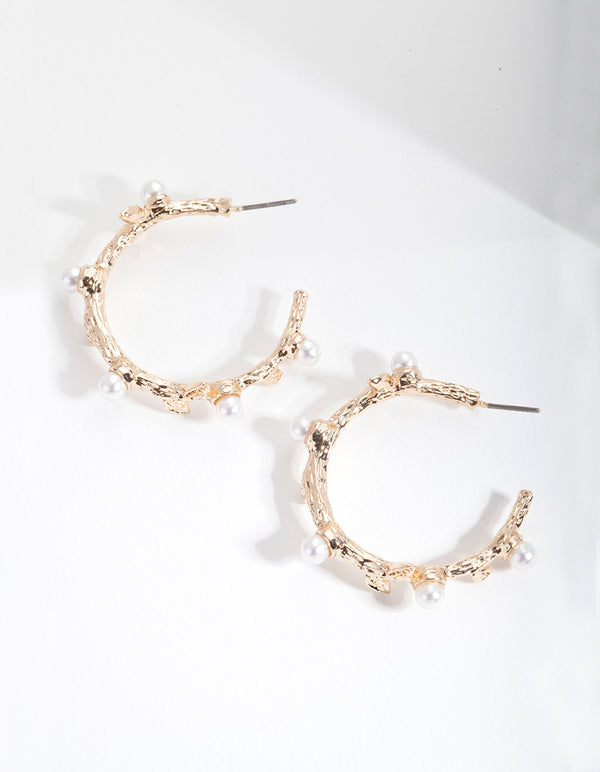 Gold Textured Leaf Hoop Earrings