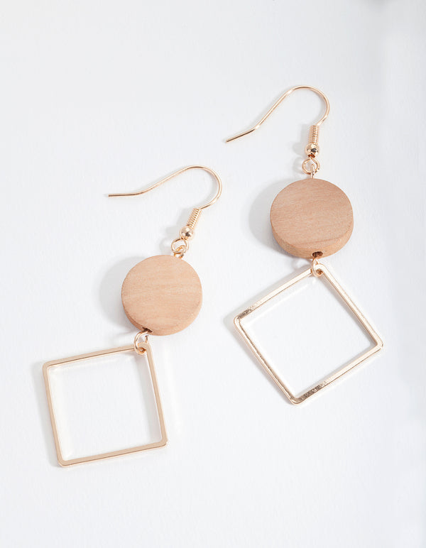 Brown Wooden Geometric Earrings