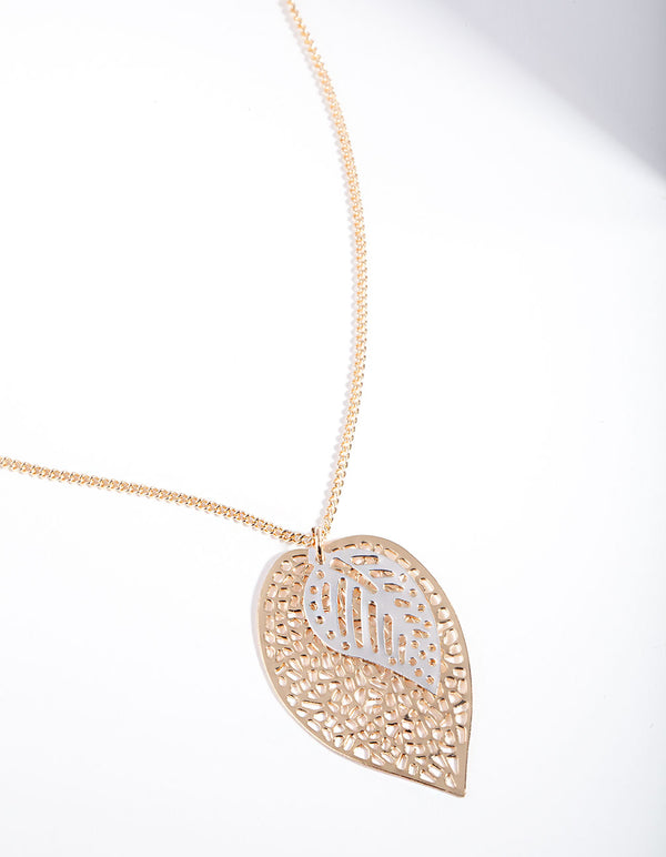 Mixed Metal Cutout Layer Leaf Necklace