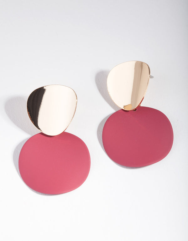 Maroon Curved Disc Stud Earrings