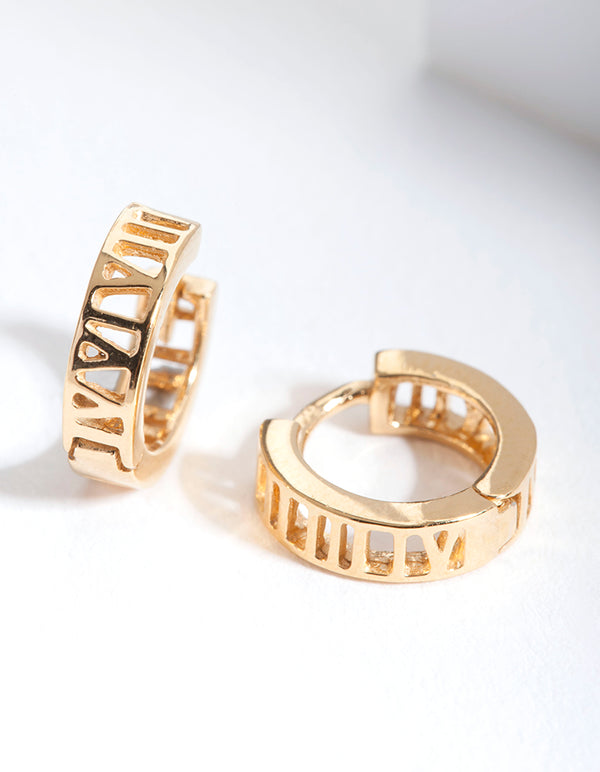 Gold Plated Sterling Silver Roman Numeral Hoop Earrings