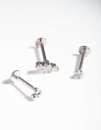 Rhodium Surgical Steel Triple Cluster Flat Back Earring Pack - link has visual effect only