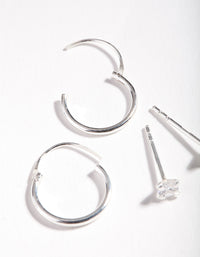 Sterling Silver Cubic Zirconia Princess Stud Hoop Earring Pack - link has visual effect only