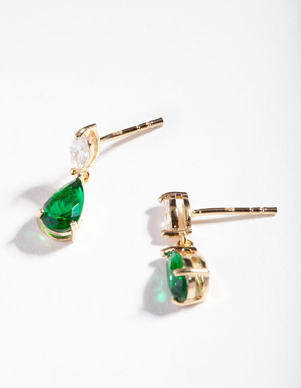 Gold Plated Sterling Silver Green Cubic Zirconia Teardrop Earrings