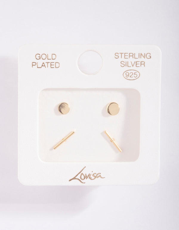 Gold Plated Sterling Silver Disc & Line Stud Earring Pack