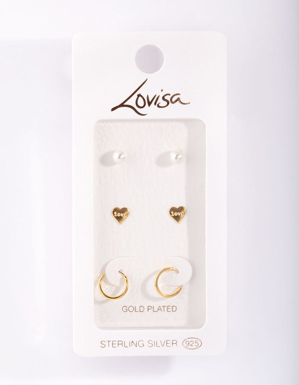 Gold Plated Sterling Silver Love Hoop Stud Earring Pack