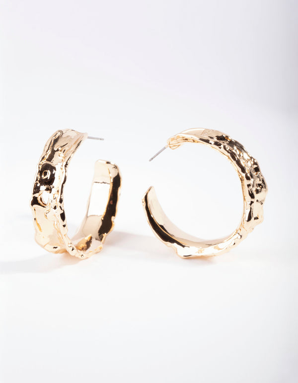 Gold Molten Texture Hoop Earrings