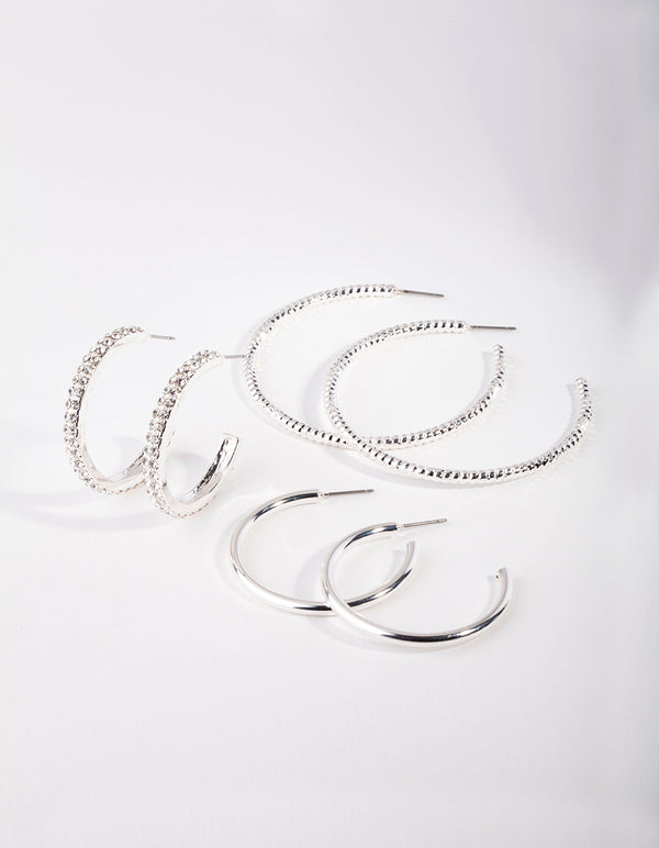 Silver Thick Diamante Hoop Earring Pack