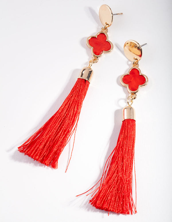 Gold Red Disc Tassel Drop Earrings