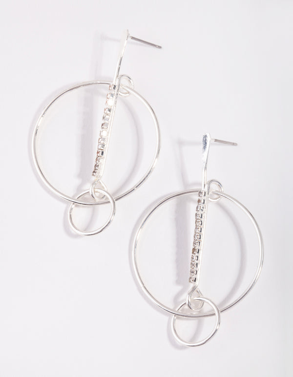 Silver Diamante Stick Circle Drop Earrings