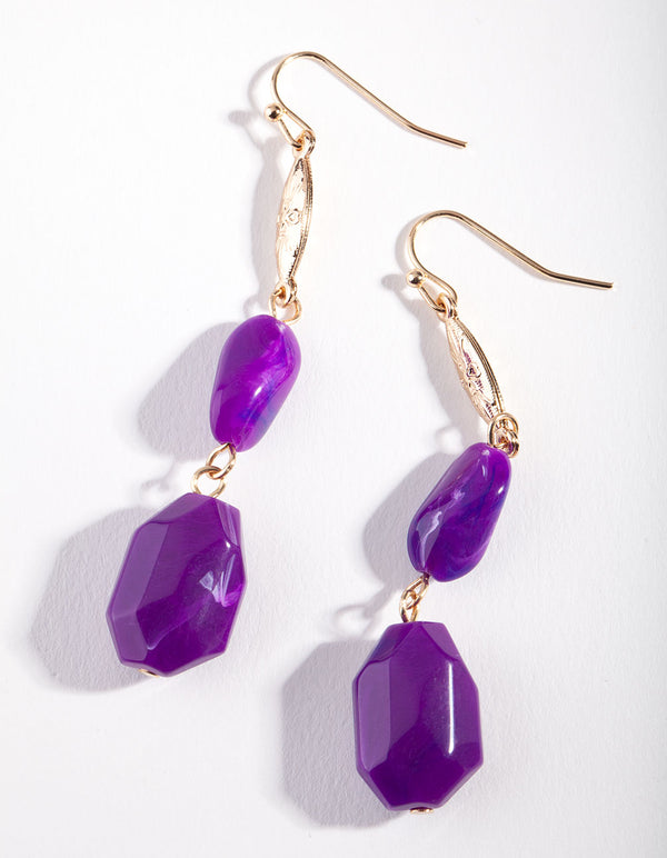 Gold Purple Stone Drop Earrings