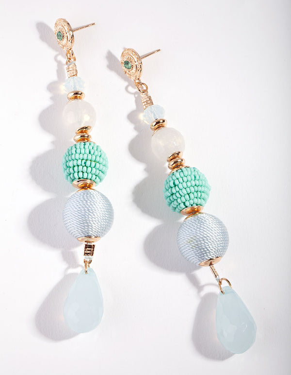 Gold Multi Textured Blue Bead Drop Earrings