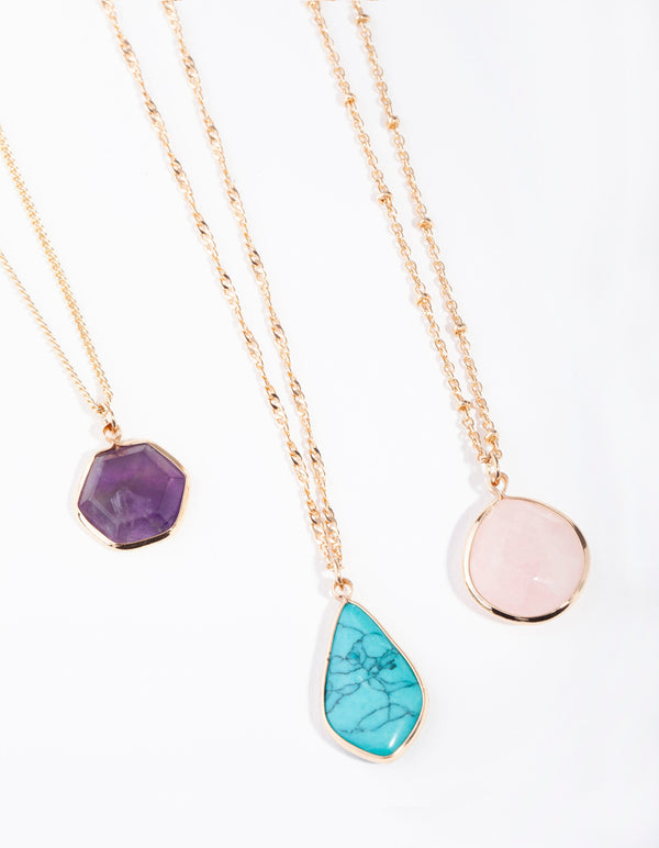 Gold Rose Quartz, Amethyst, Turquoise Necklace Stack