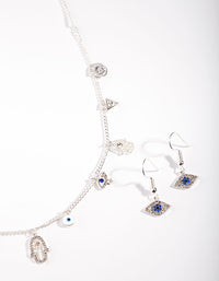 Silver Evil Eye Charm Necklace Earrings Set - link has visual effect only