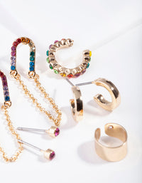 Gold Chain Link Rainbow Diamante Ear Stack - link has visual effect only