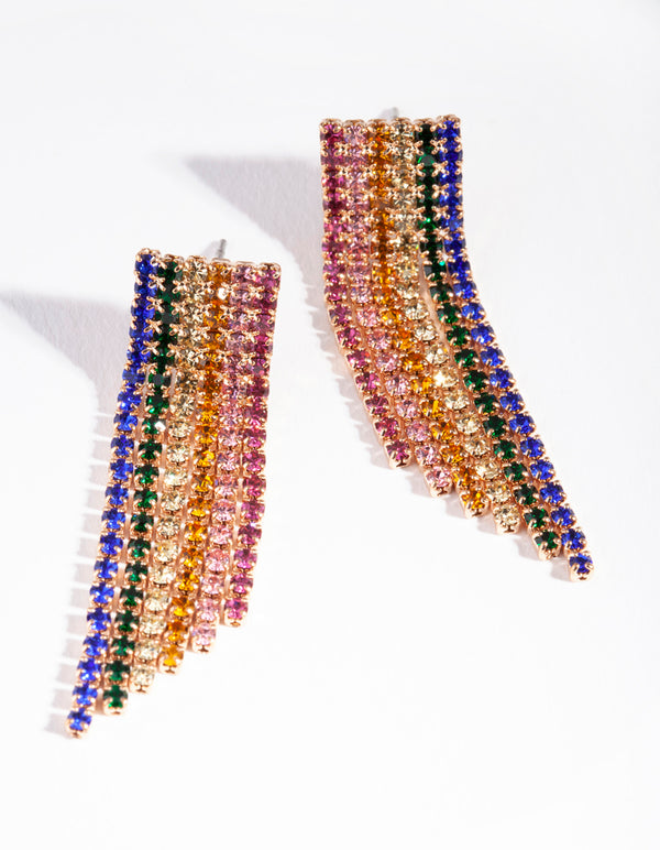 Gold Rainbow Diamante Fringe Statement Earrings