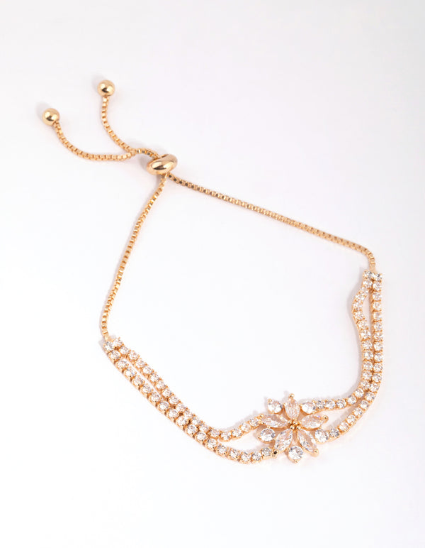 Gold Cubic Zirconia Cupchain Flower Toggle Bracelet