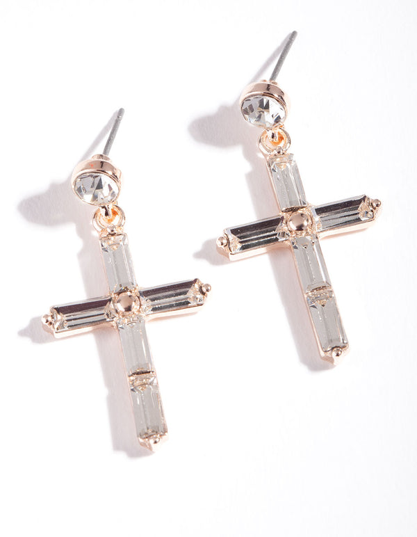 Rose Gold Crystal Diamante Cross Drop Earrings