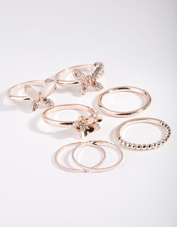 Rose Gold Butterfly & Flower 7-Pack Rings