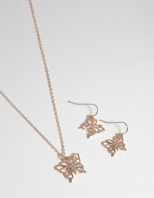 Rose Gold Butterfly Earring & Necklace Set