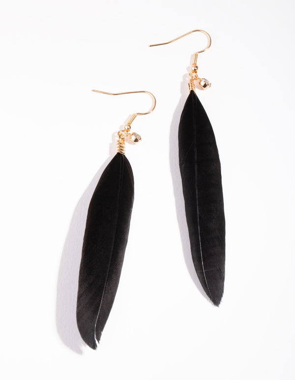 Gold Single Feather Drop Earrings