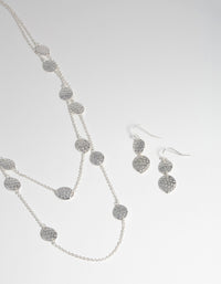 Silver Textured Layer Earring & Necklace Set - link has visual effect only