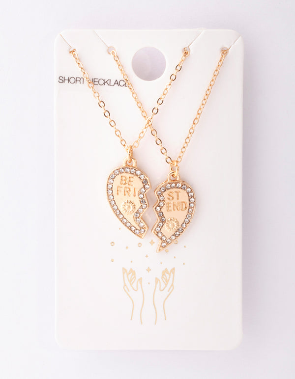 Gold Diamante Best Friend Half Heart Necklace Pack