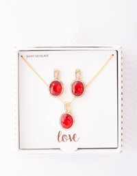 Gold Red Halo Necklace & Earrings Set - link has visual effect only