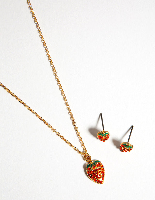 Gold Diamante Strawberry Necklace & Earrings Set