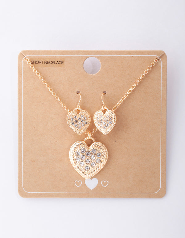 Gold Diamante Heart Necklace & Earring Set