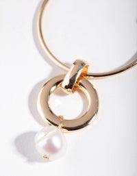 Gold Freshwater Pearl Link Drop Hoop Earrings - link has visual effect only