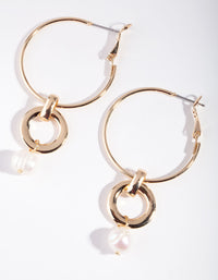 Gold Freshwater Pearl Link Drop Hoop Earrings - link has visual effect only