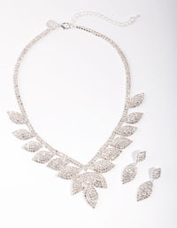 Silver Single Leaf Diamante Earrings & Necklace Set - link has visual effect only