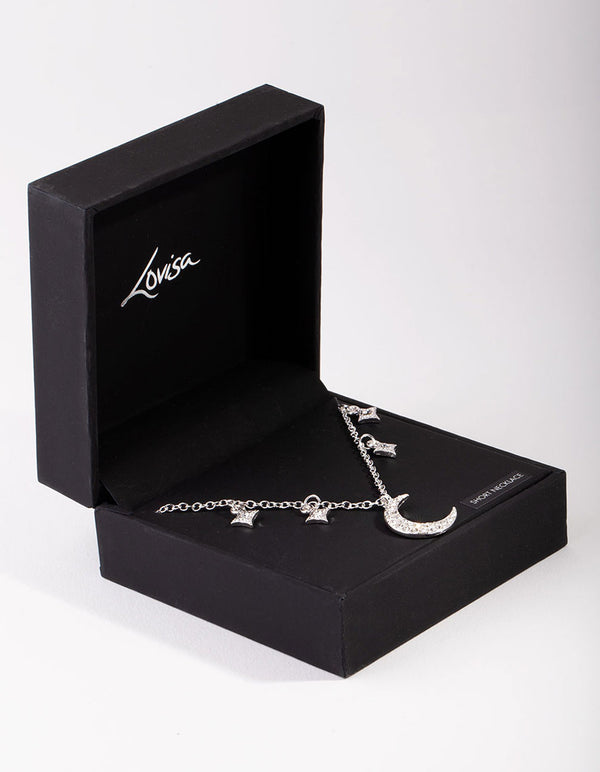 Silver Star & Moon Diamante Necklace