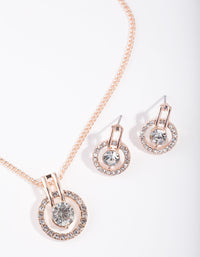 Rose Gold Circle Diamante Disc Necklace & Earrings Set - link has visual effect only