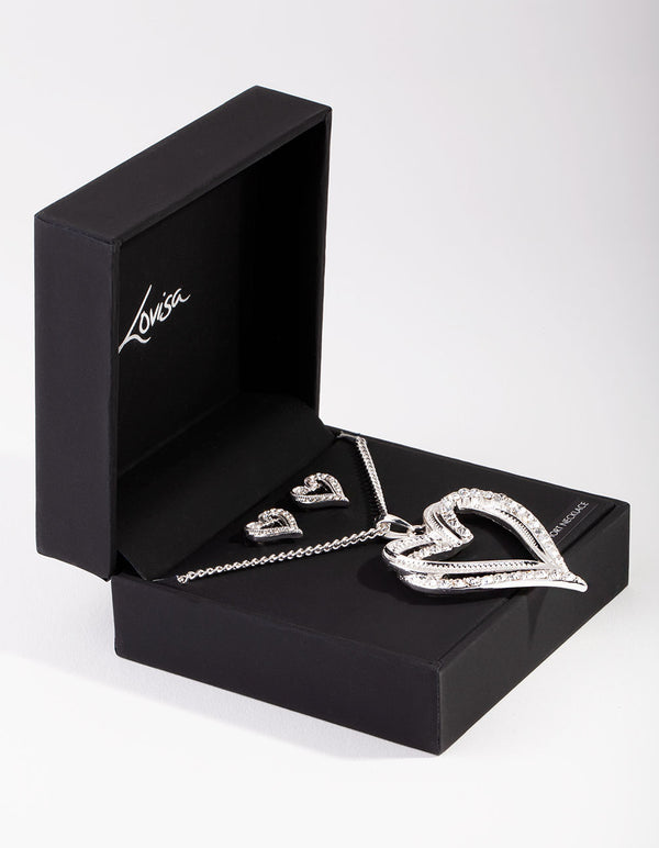 Silver Diamante Twist Heart Necklace Earrings