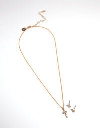 Gold Small Diamante Cross Necklace & Earrings Set - link has visual effect only