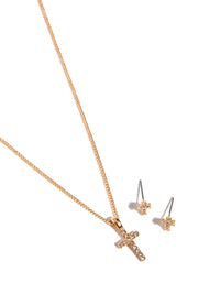 Gold Small Diamante Cross Necklace & Earrings Set - link has visual effect only