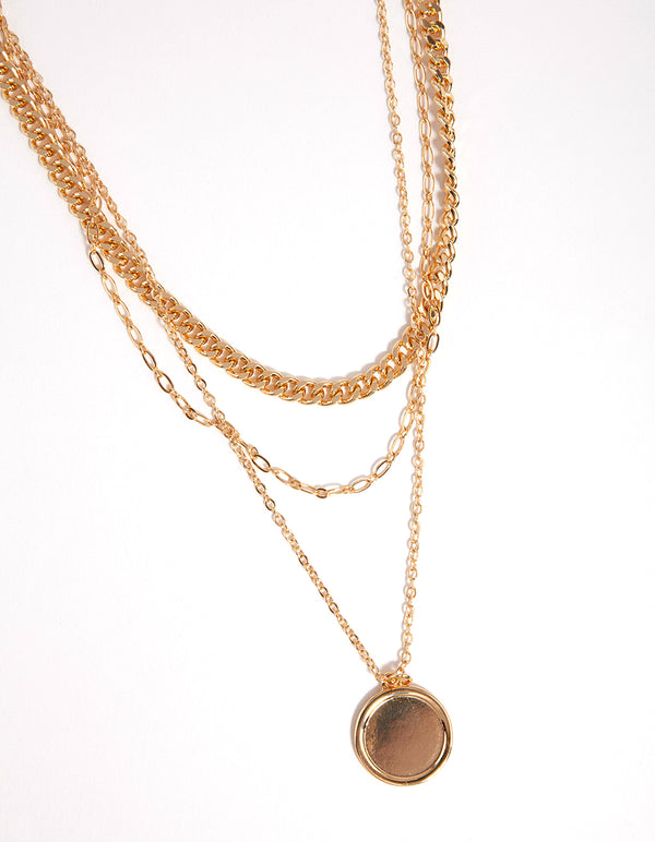 Gold Multi Chain Circle Pendant Necklace