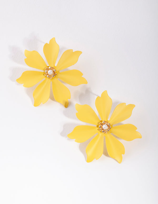 Matte Yellow Big Flower Stud Earrings