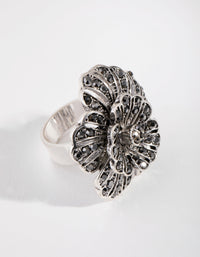 Antique Silver Diamante Flower Ring - link has visual effect only