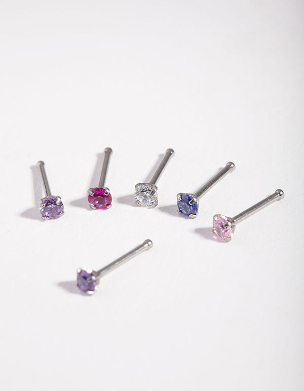 Dainty Rhodium Diamante Nose Stud 6-Pack