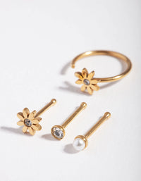 Surgical Steel Gold Flower Pearl Nose Stud 4-Pack - link has visual effect only