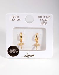 Gold Plated Sterling Silver Cubic Zirconia Cross Huggie Earrings - link has visual effect only