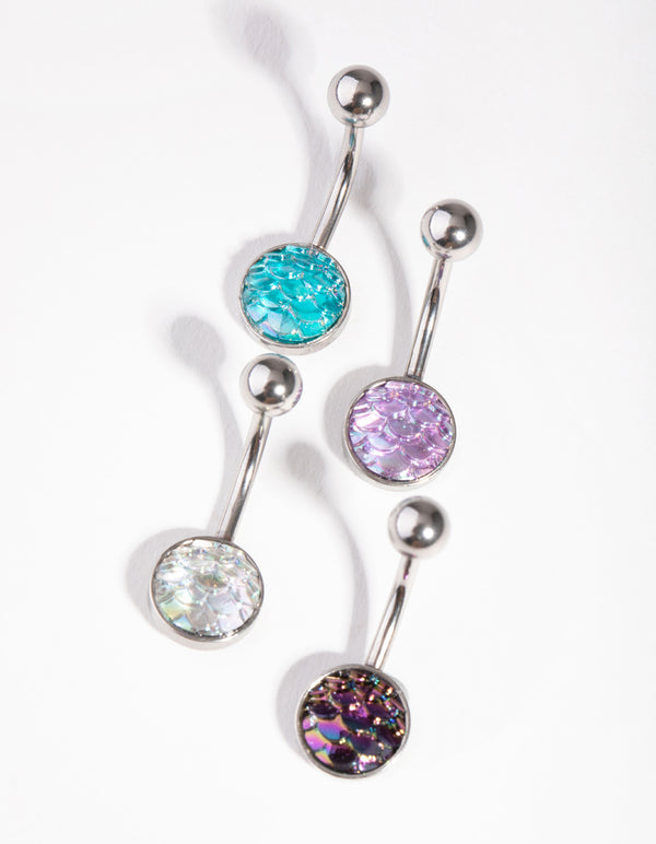 Surgical Steel Rhodium Mermaid Scale Belly Ring 4-Pack